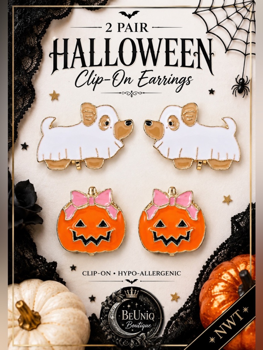 NWT Halloween Puppy Ghost & Pumpkin Clip-On Earrings 2 Pair Set